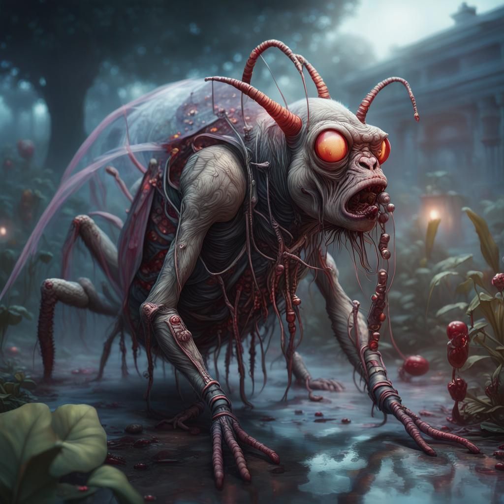 Complex Iridescent Zombie Monkey Monster in Garden