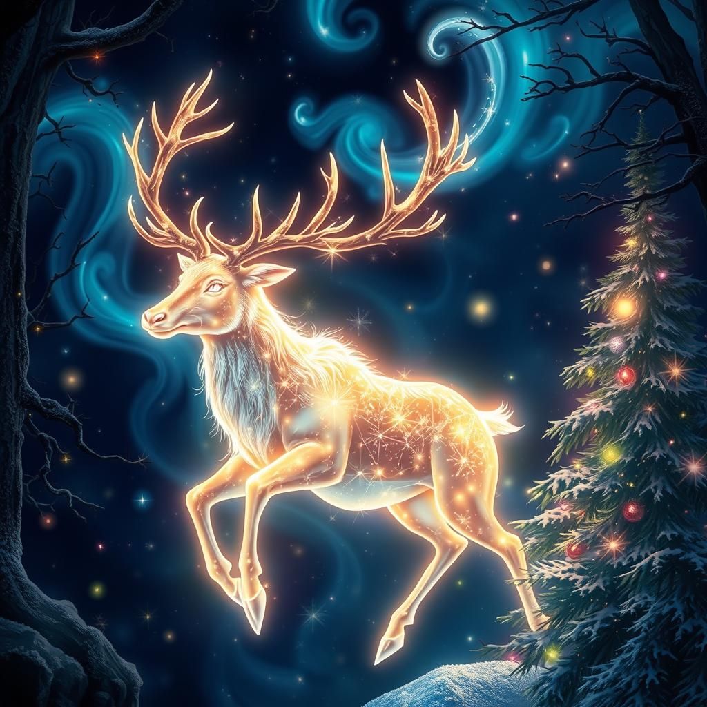Ethereal Reindeer in Enchanted Forest: Fantasy Illustration