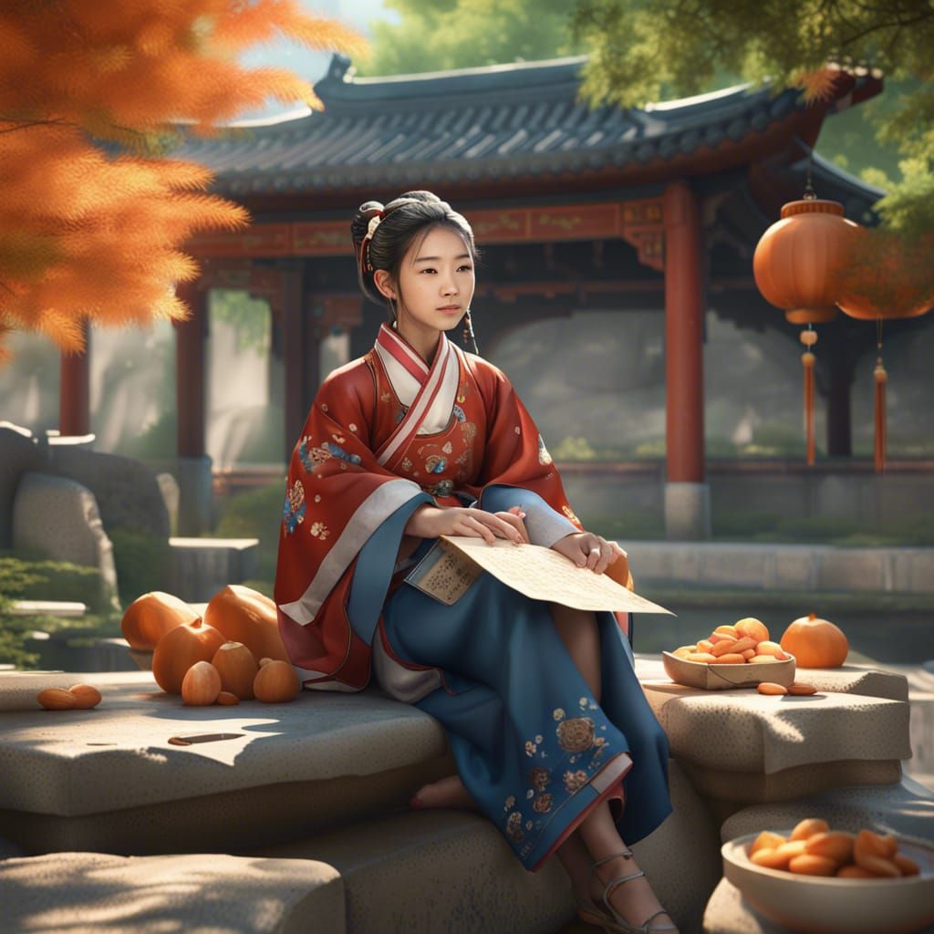 Chinese Girl in Ming Dynasty Garden, Detailed Painting