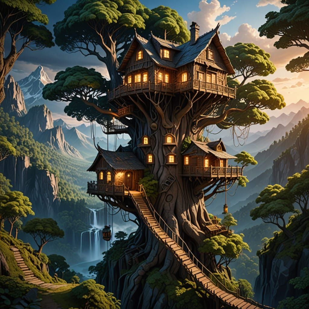 Epic Fantasy Treehouse Amidst Majestic Mountains and Rivers