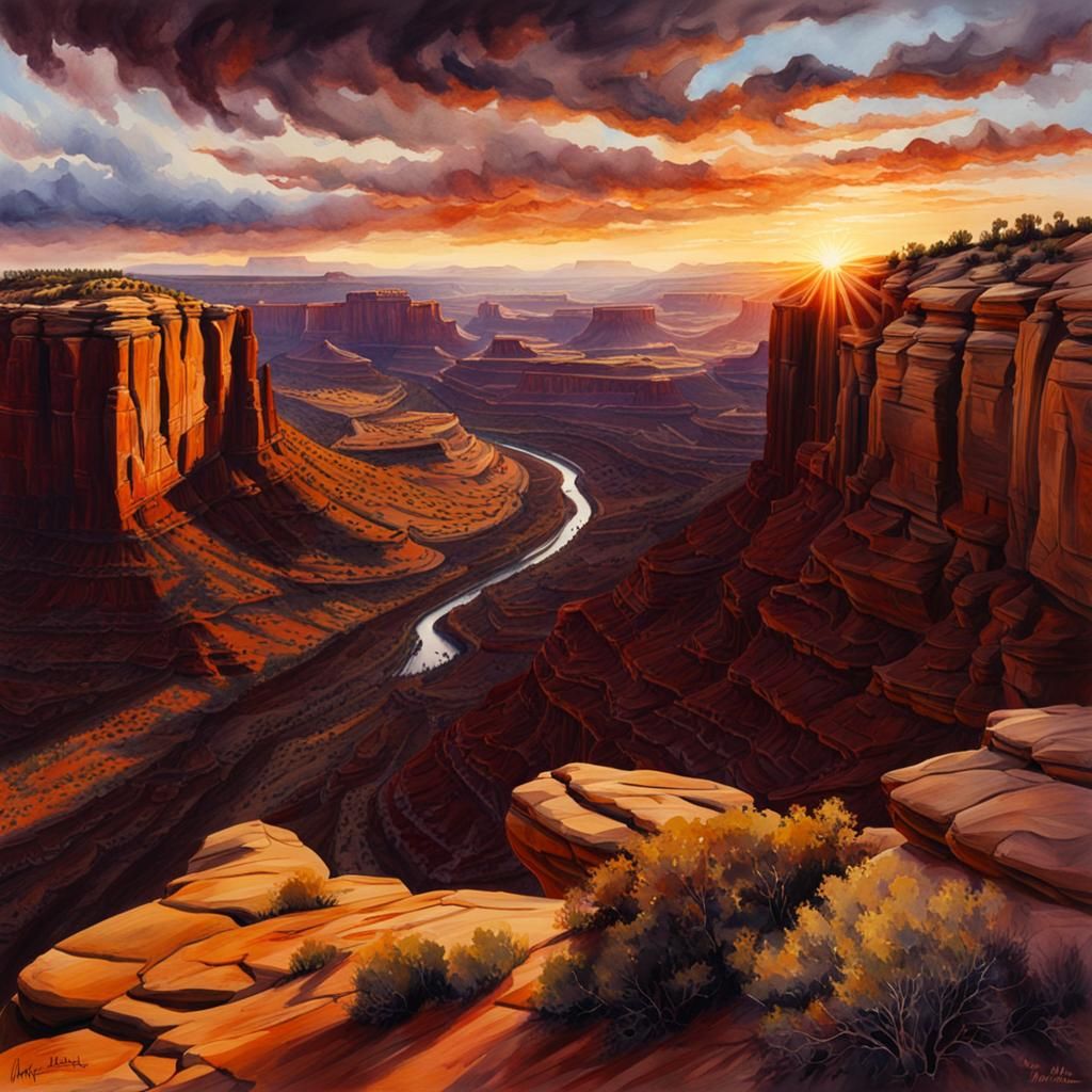 watercolor painting a sunset over Canyonlands, emphasizing the warm tones reflecting off the canyon walls
