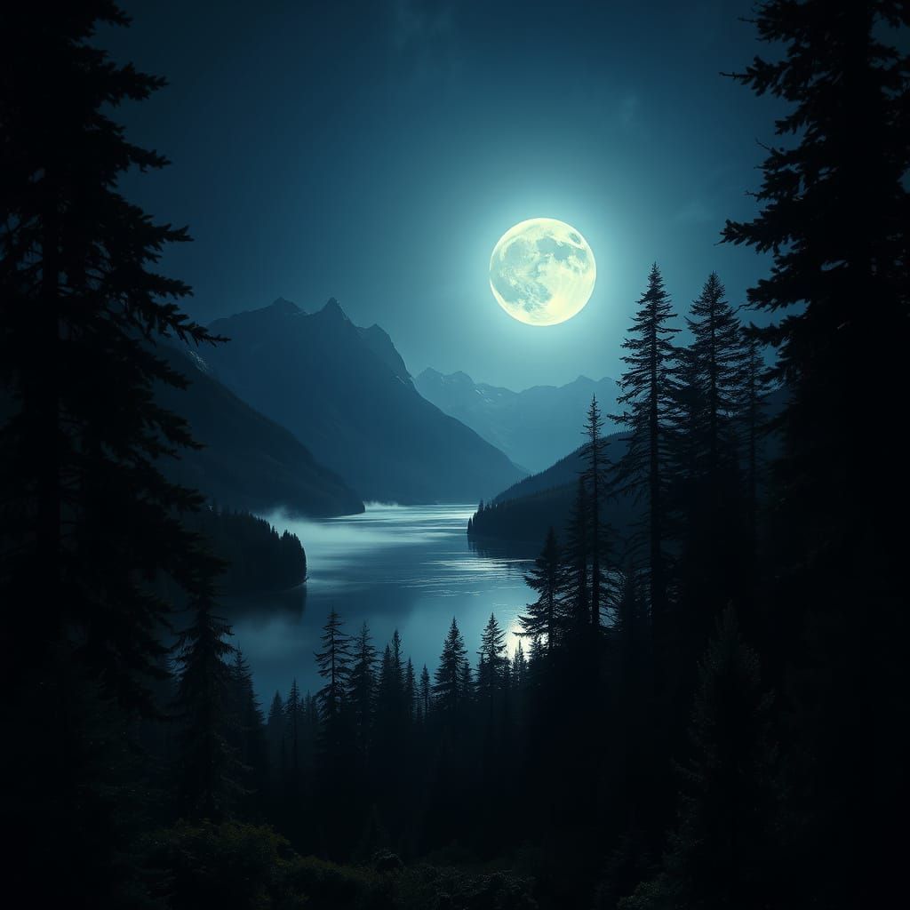 Moonlit Forest Lake with Mountains in Romanticist Style