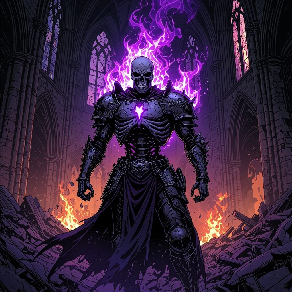 Skeletal Hero in Burning Gothic Cathedral