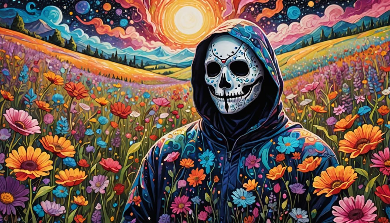 Ghostface in Astral Flower Field: Mixed Media Art