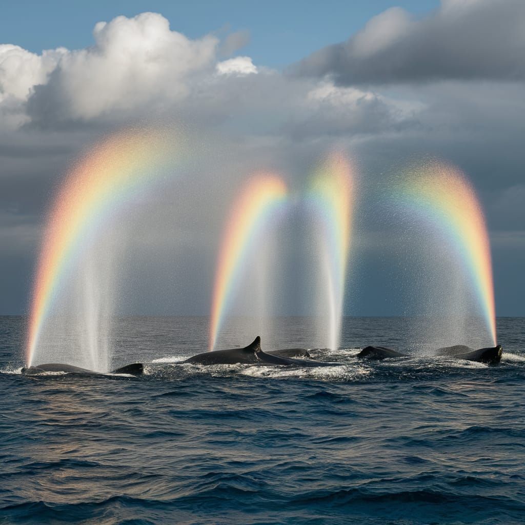 Whales Create Rainbow with Blowhole Spray