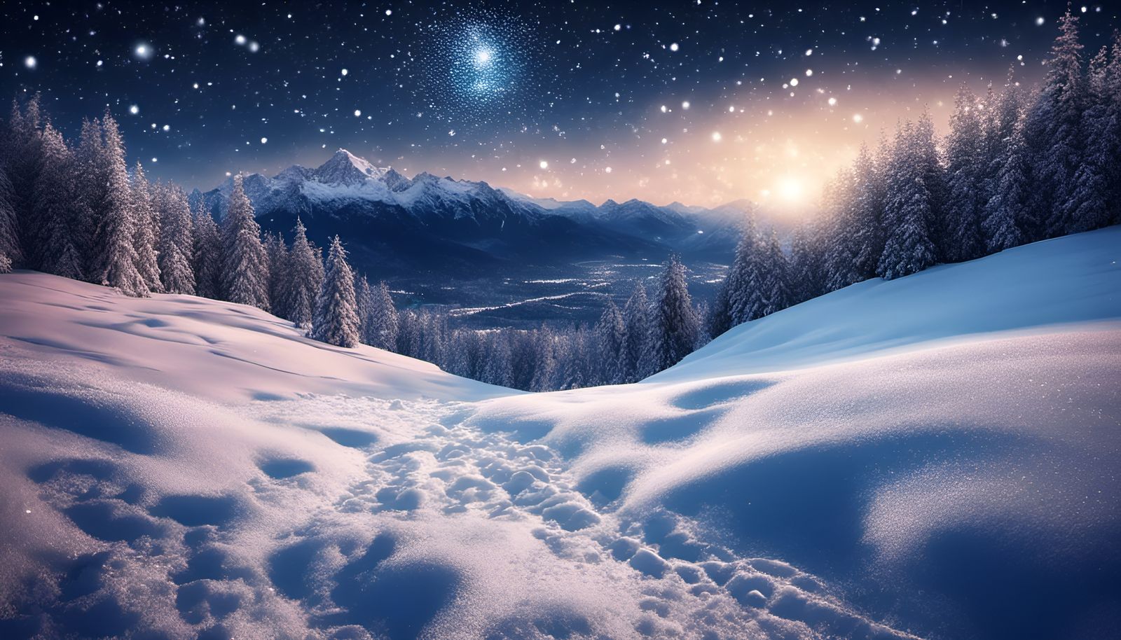 beautiful moonlit winter night landscape with mountains and trees in snow, snow glitters like a million sparkling diamon...