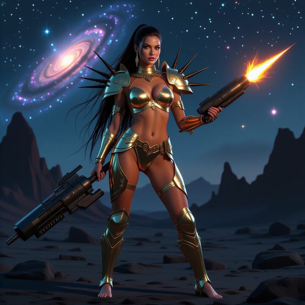 Mad Max Princess with Space Rifle in Alien Landscape