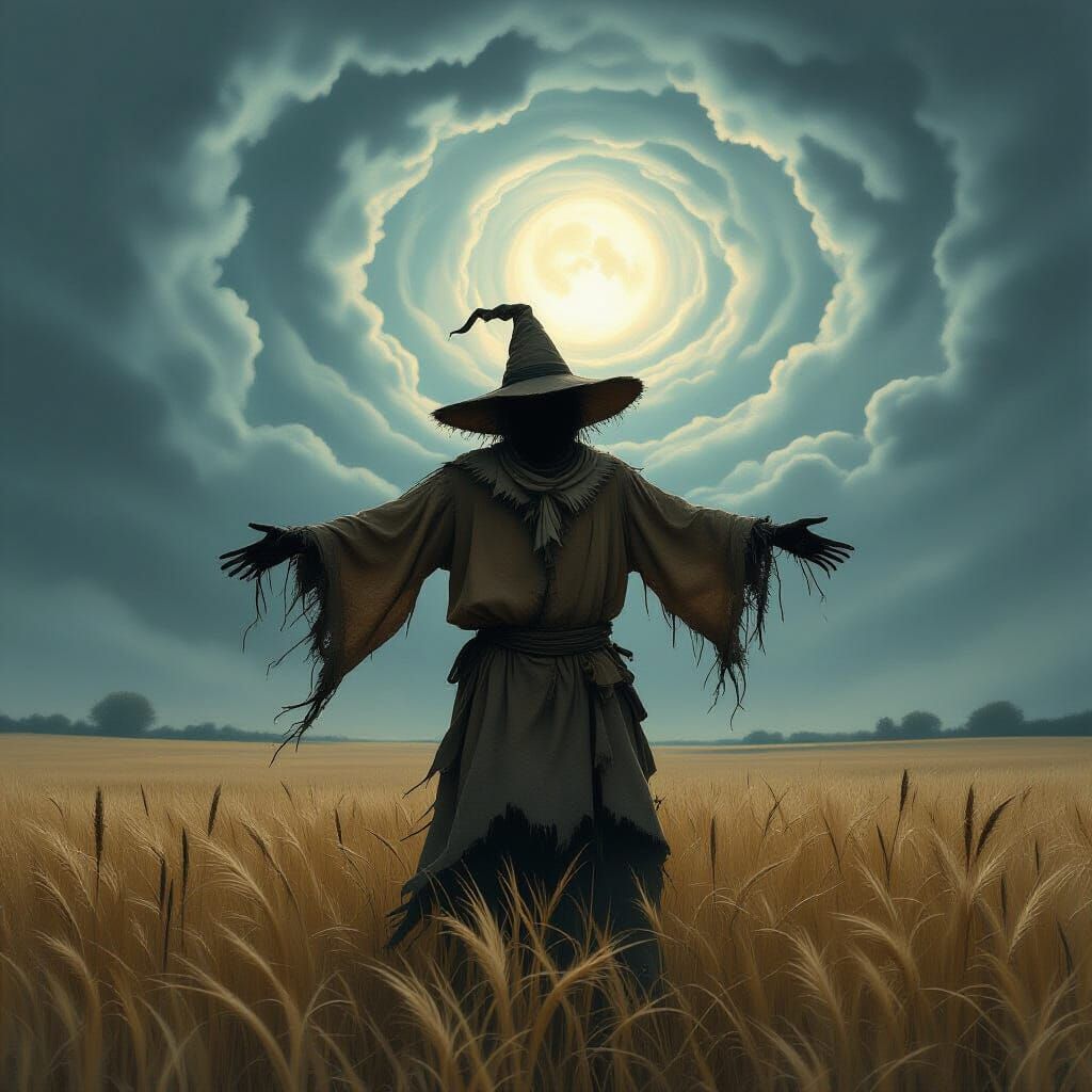 Melancholic Scarecrow in Windswept Field: Eerie Romanticism