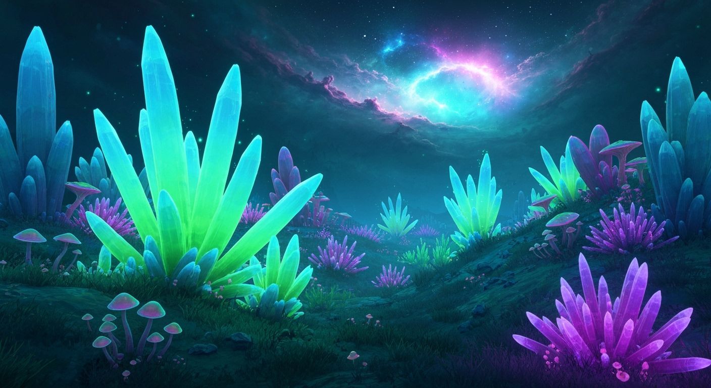 Bioluminescent Alien Landscape with Crystalline Flora