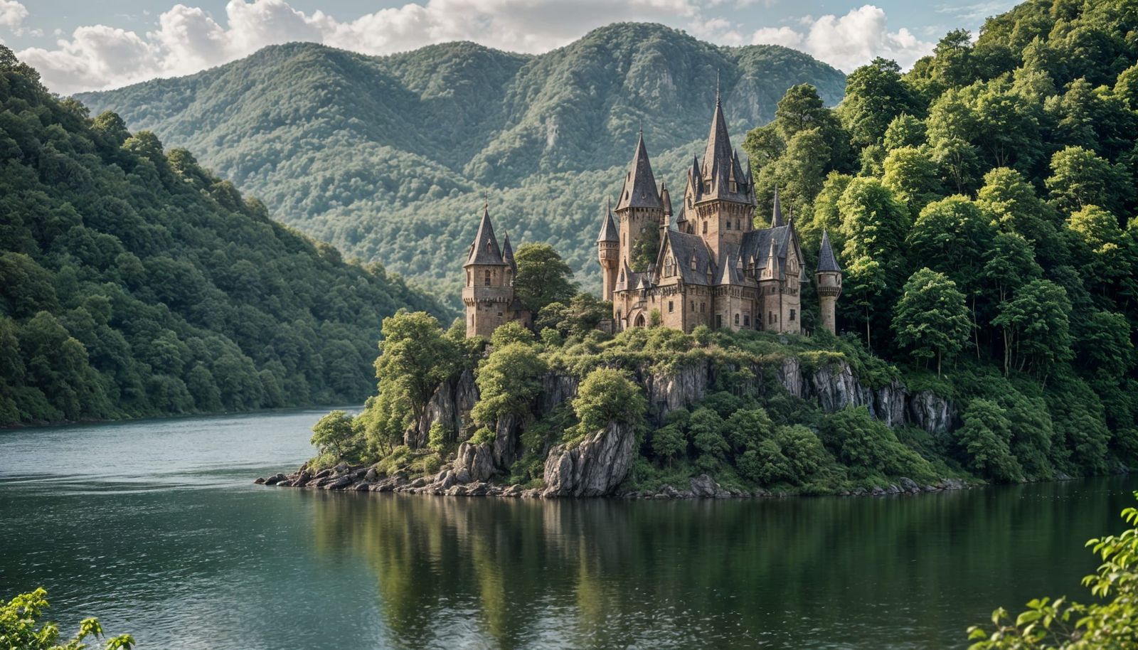 Ancient Elven Citadel Amidst the Lake's Hilly Foothills