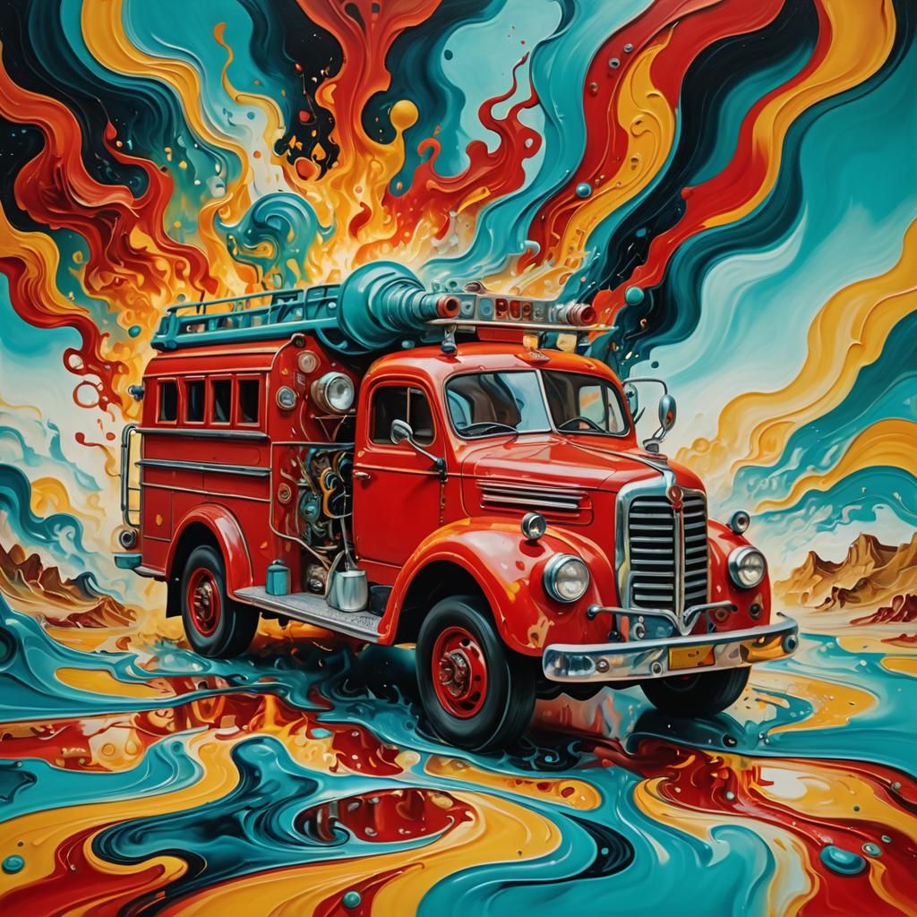 Dreamlike Red Fire Truck in Surrealist Style