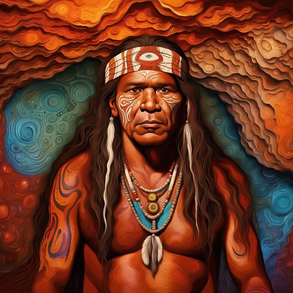 Aboriginal Shaman in Cave, Impasto Oil Painting