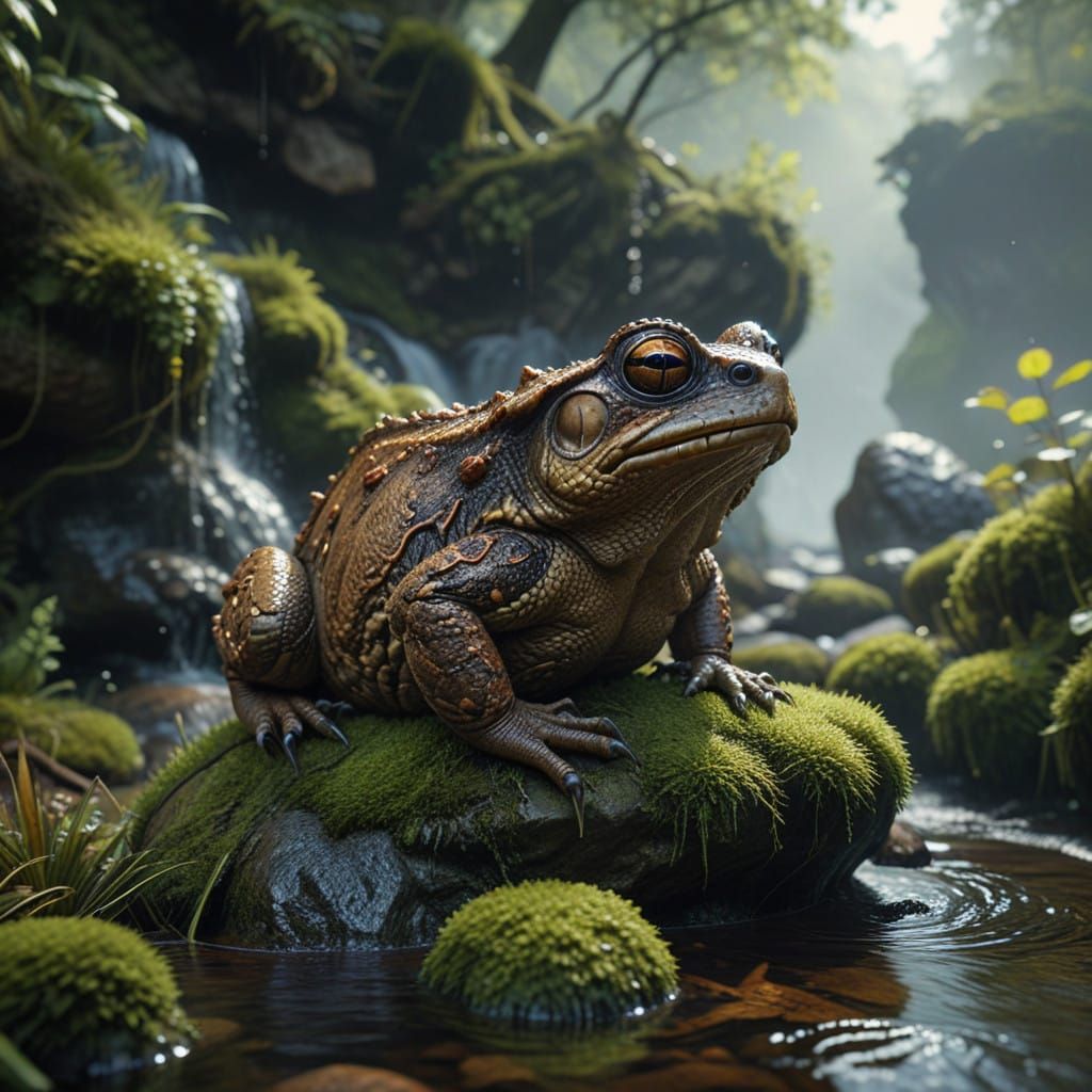 Fantastical Cane Toad Amidst Mossy Stream