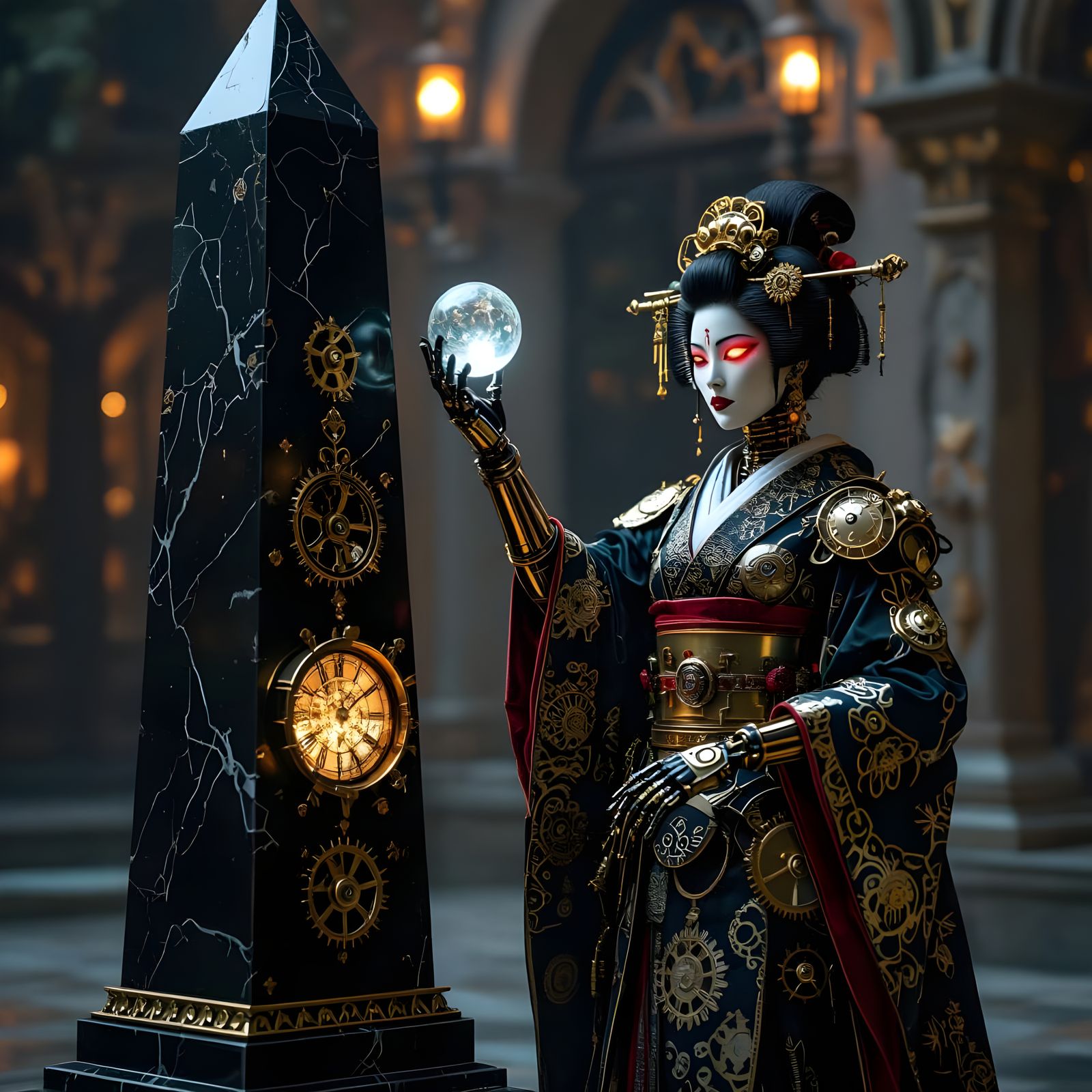Gothpunk Geisha Automaton Guarding Obsidian Obelisk