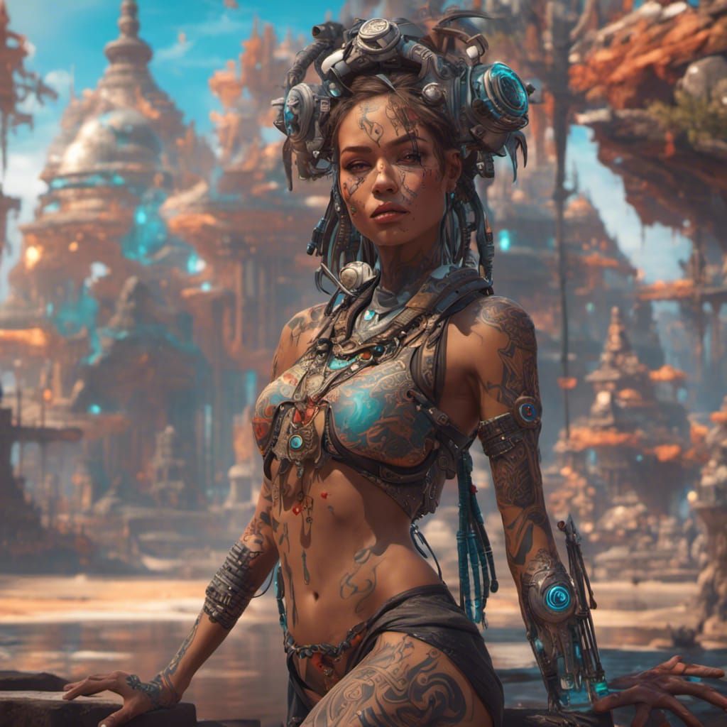 Exotic Cyborg Girl with Tribal Tattoos