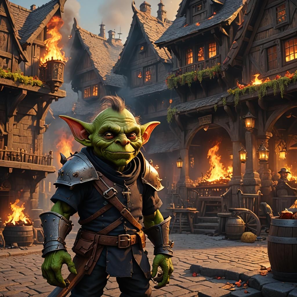 Proud Goblin in Front of Burning Tavern