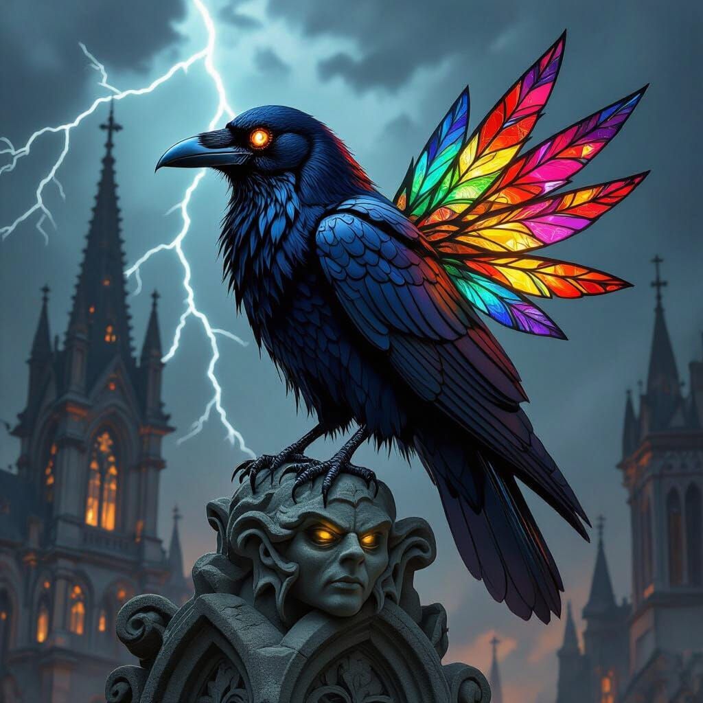 Gothic Stained Glass Raven on Cathedral Gargoyle
