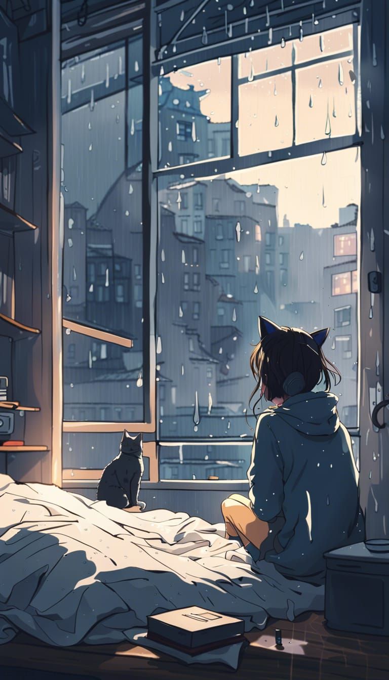 Anime Girl Gazing Out Window on Rainy Day