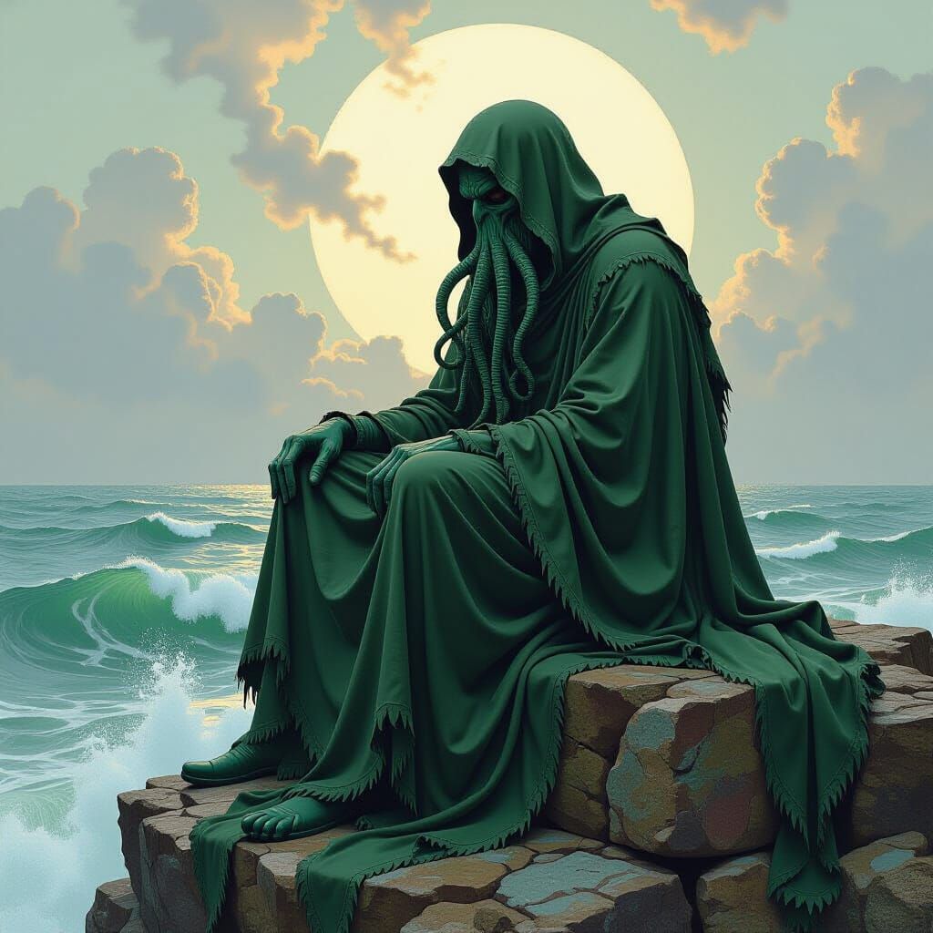 Cthulhu Overlooking the Sea in Art Nouveau Style