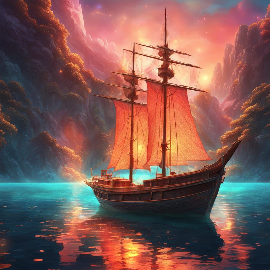 A magical sailboat docked in a hidden mermaid cove, with glo...