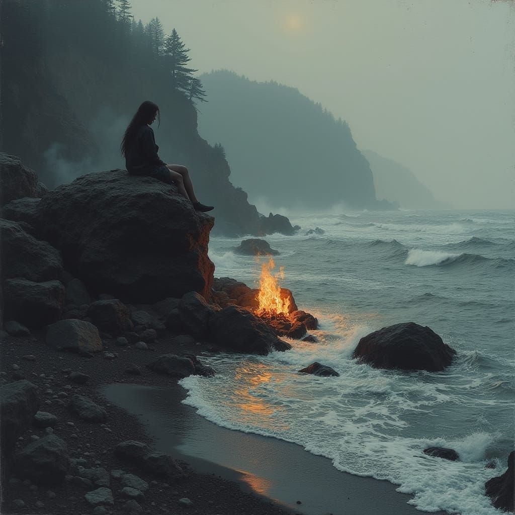 Charcoal Seascape with Bonfire and Dramatic Lighting