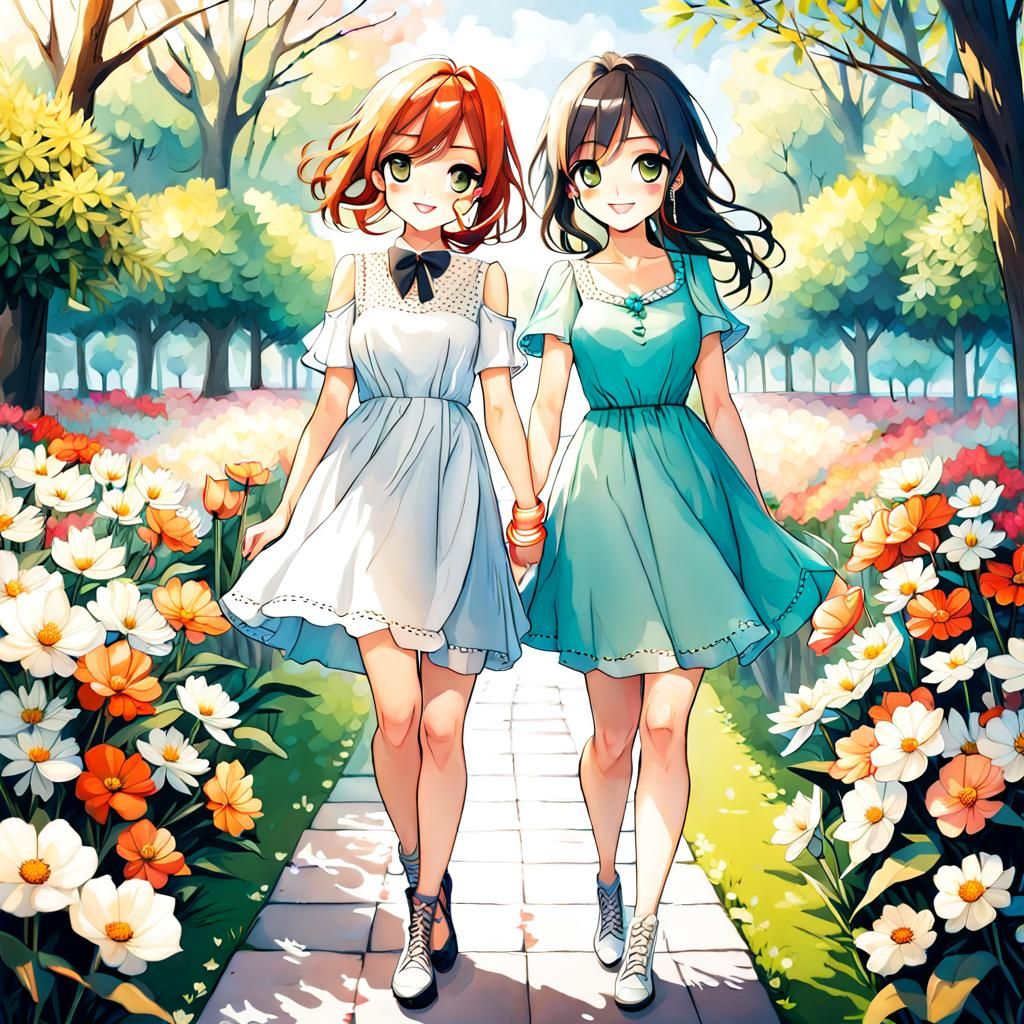 Two Girls Strolling in Flower Park
