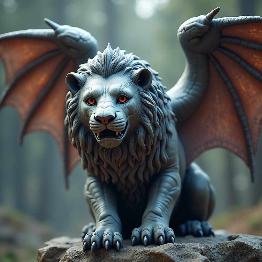 Winged Stone Lion with Cheeky Expression