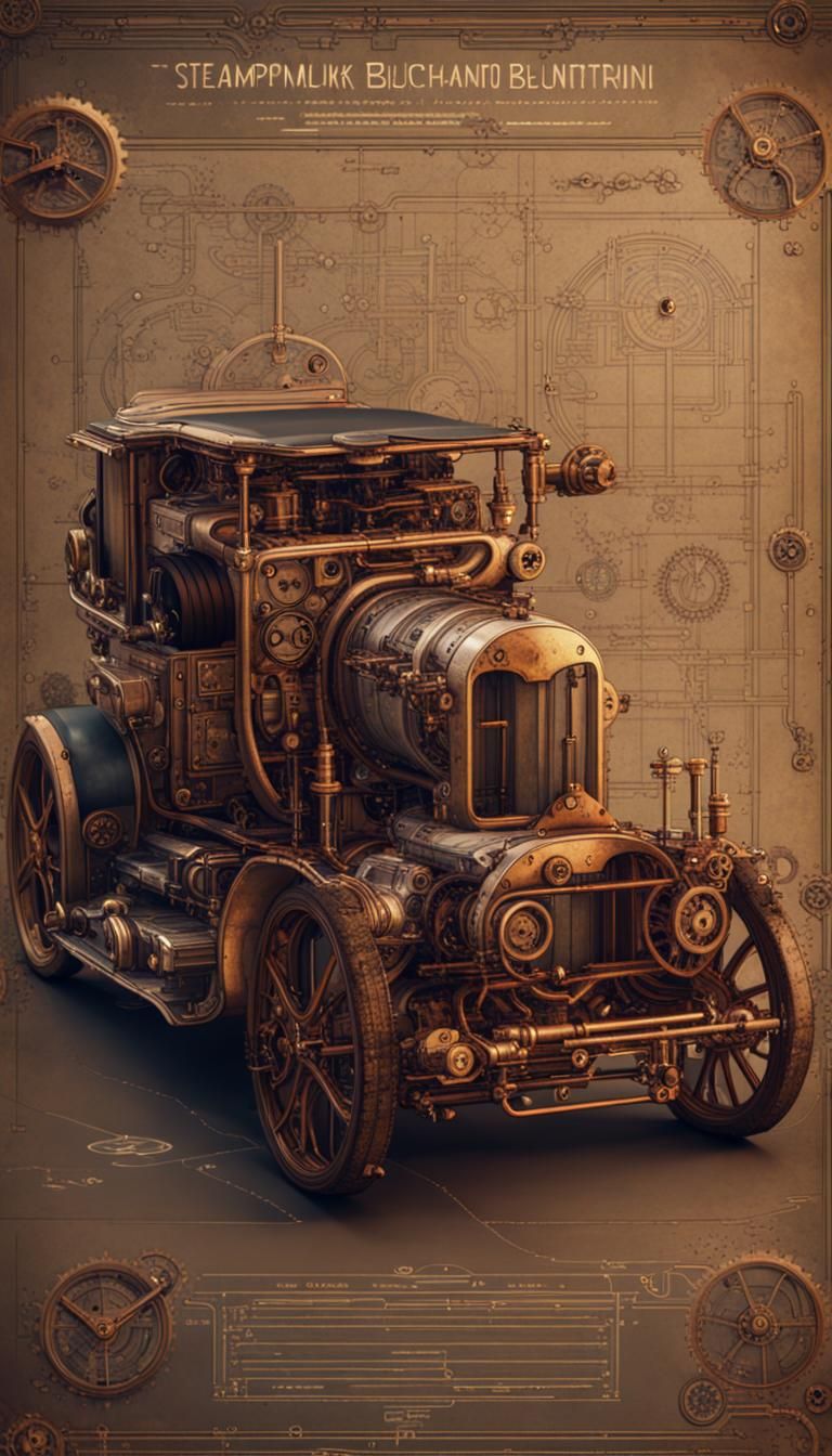 Steampunk Automotive Blueprint: Detailed Matte Painting