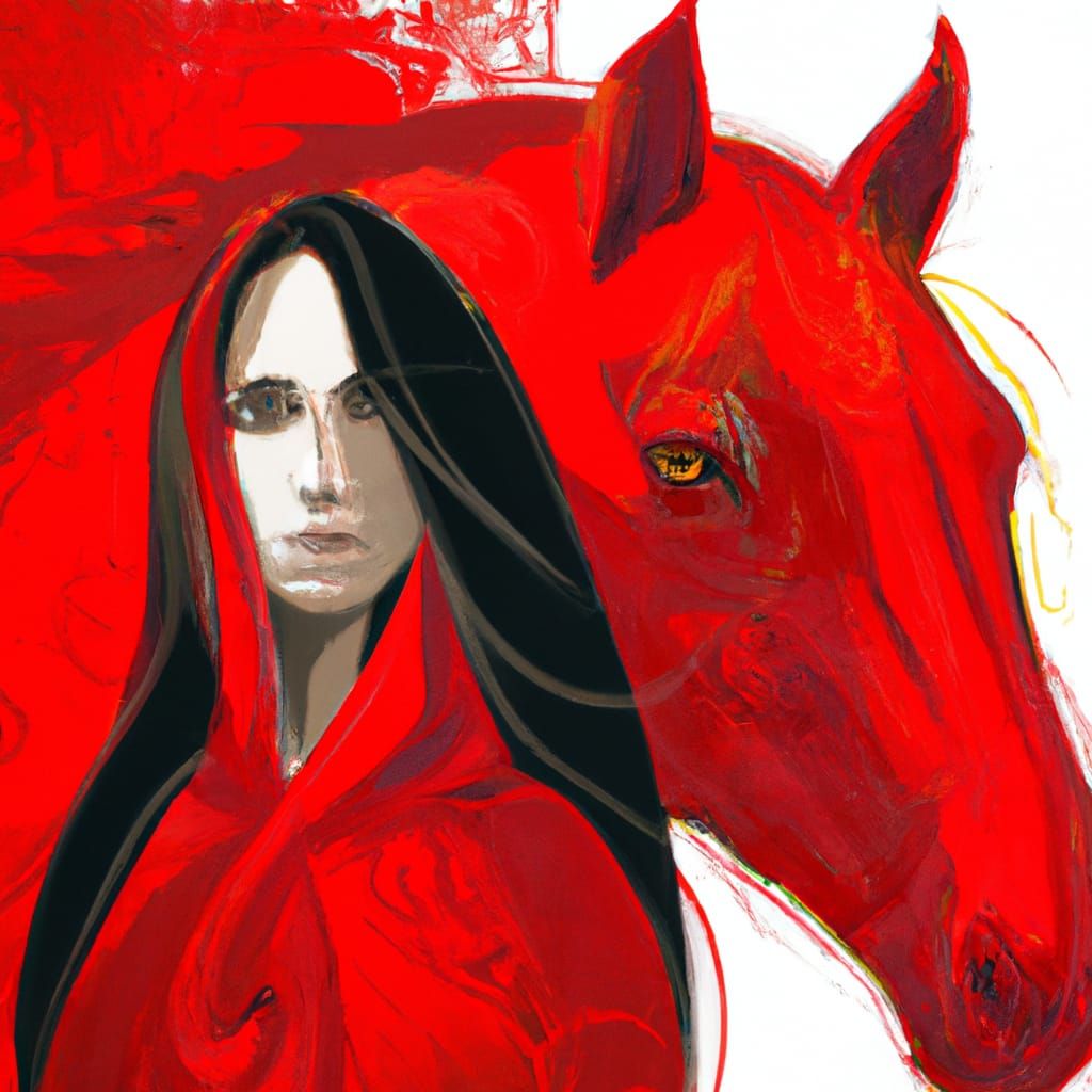 Art Nouveau Illustration of Morrígan on Red Horse