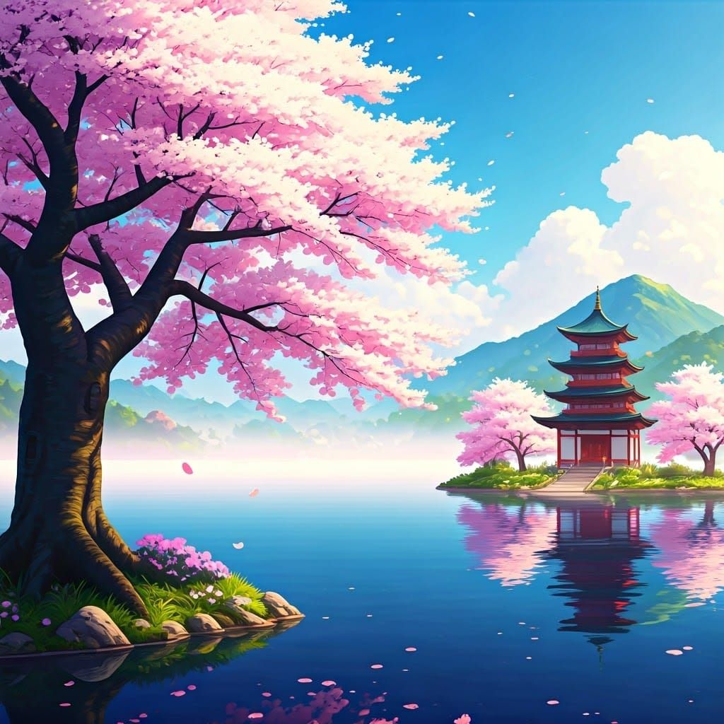 Sakura Tree Reflected in Lake: Anime Art