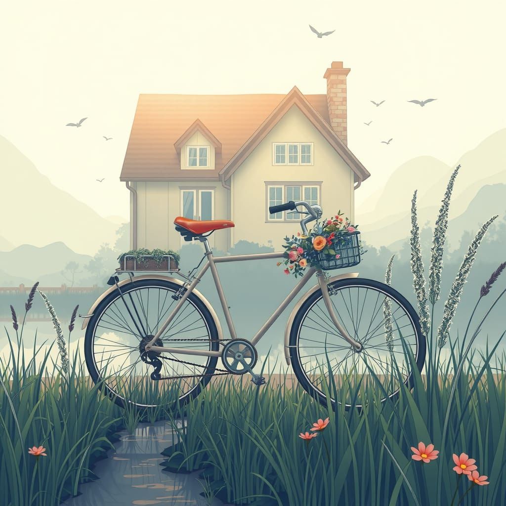 Misty Line Art Bike Scene with Botanical Details