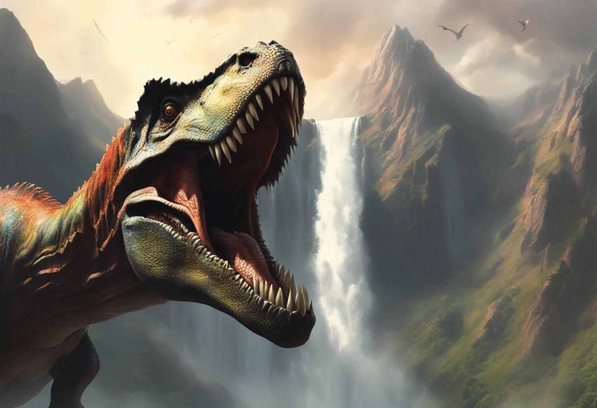 Dinosaur in Mountain Landscape by Greg Rutkowski: Hyperreali...