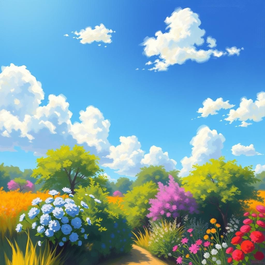 Sunny Day Impressionist Landscape with Puffy Clouds