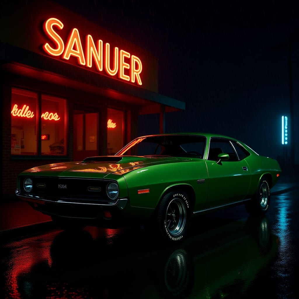 1970 Plymouth Barracuda Gleams Under Neon Diner Lights