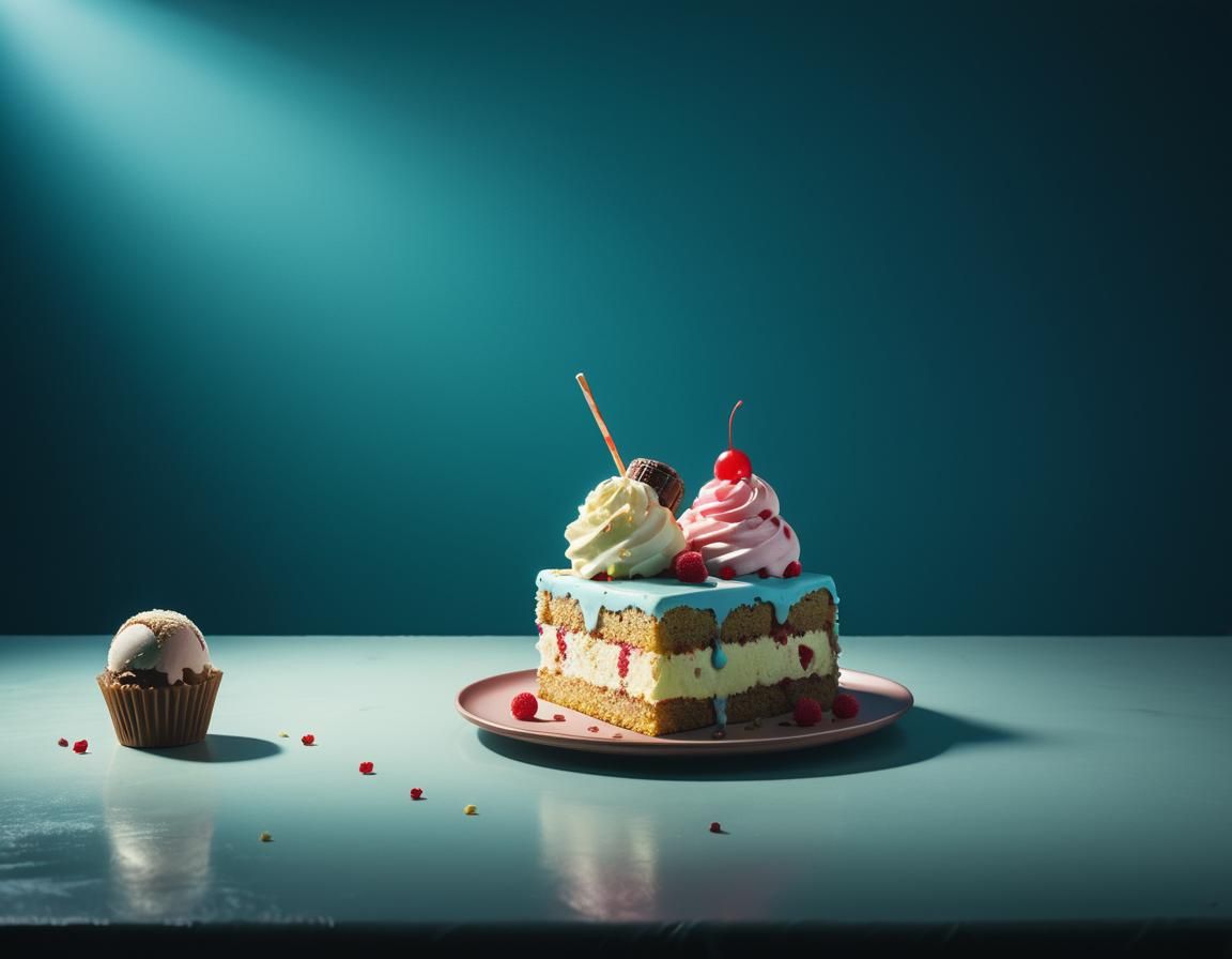Minimalist Cake and Ice Cream in Cinematic Style