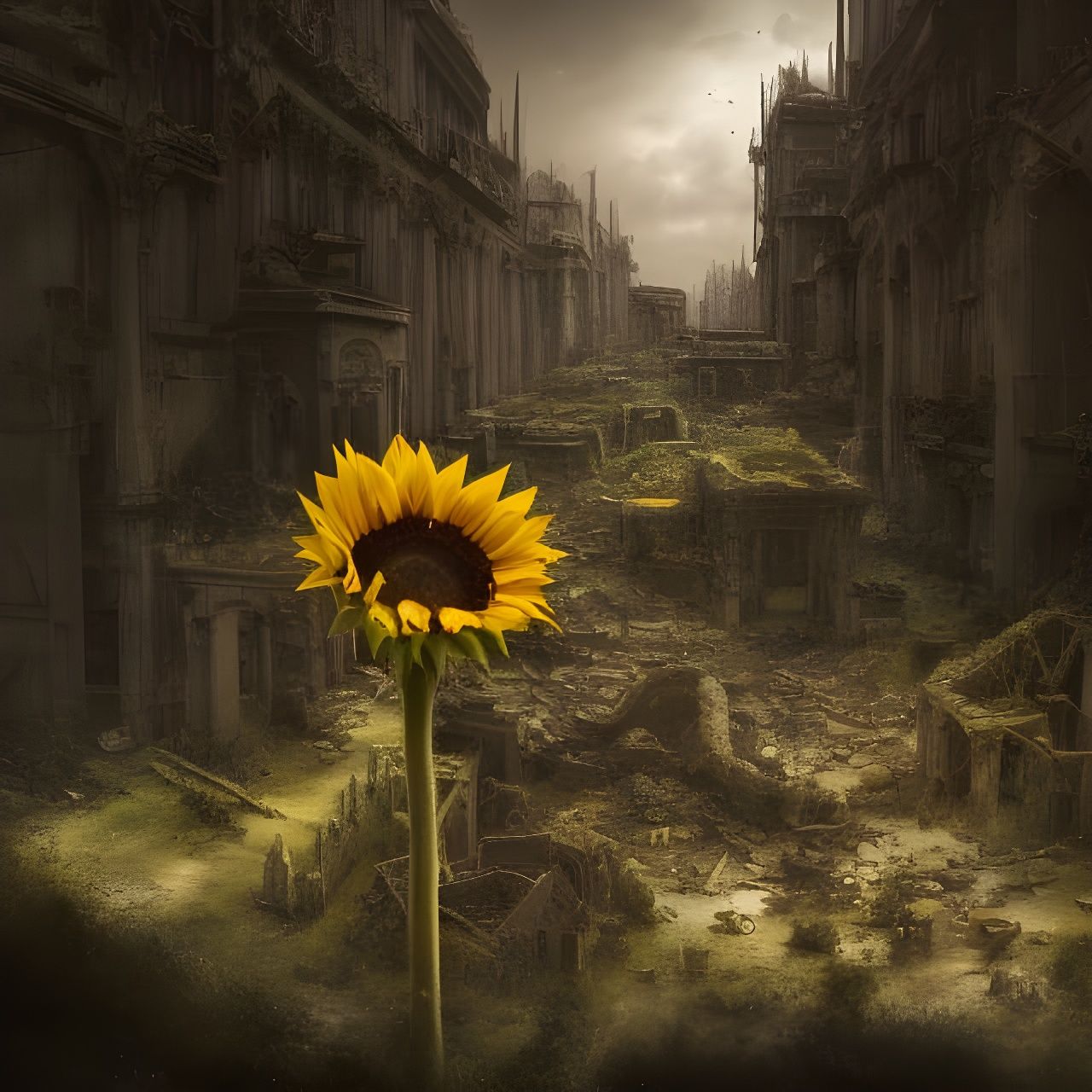Hopeful Sunflower in Abandoned City, Dramatic Realism
