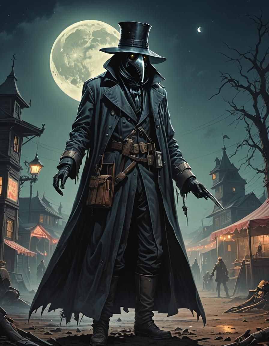 Plague Doctor Circus Poster in Dark Sci-Fi Style