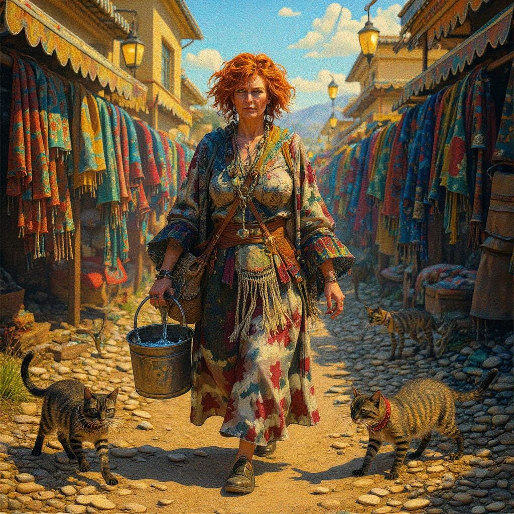 Woman Helping Cats on Greek Island, Ink Splash Style