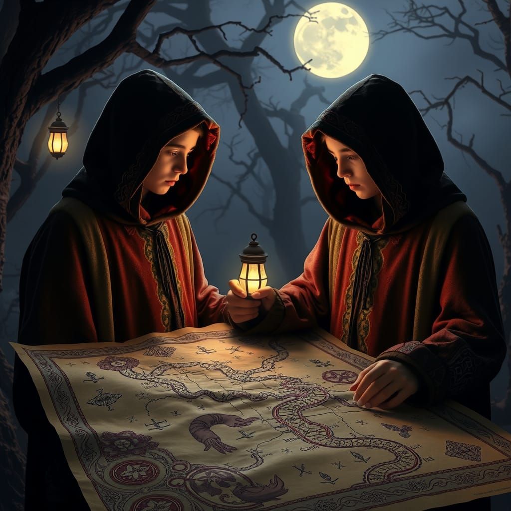 Mystical Map Readers in Ethereal Forest