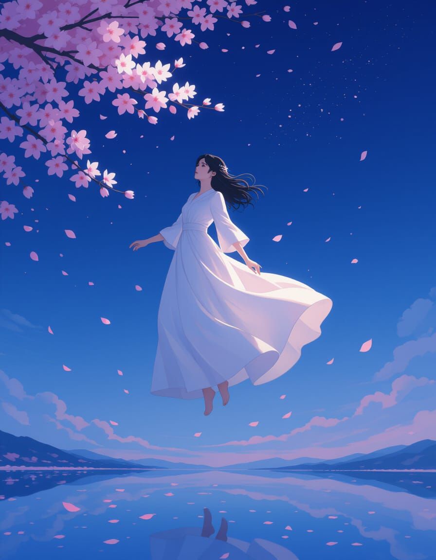 Woman Floating in Celestial Night Sky with Cherry Blossoms