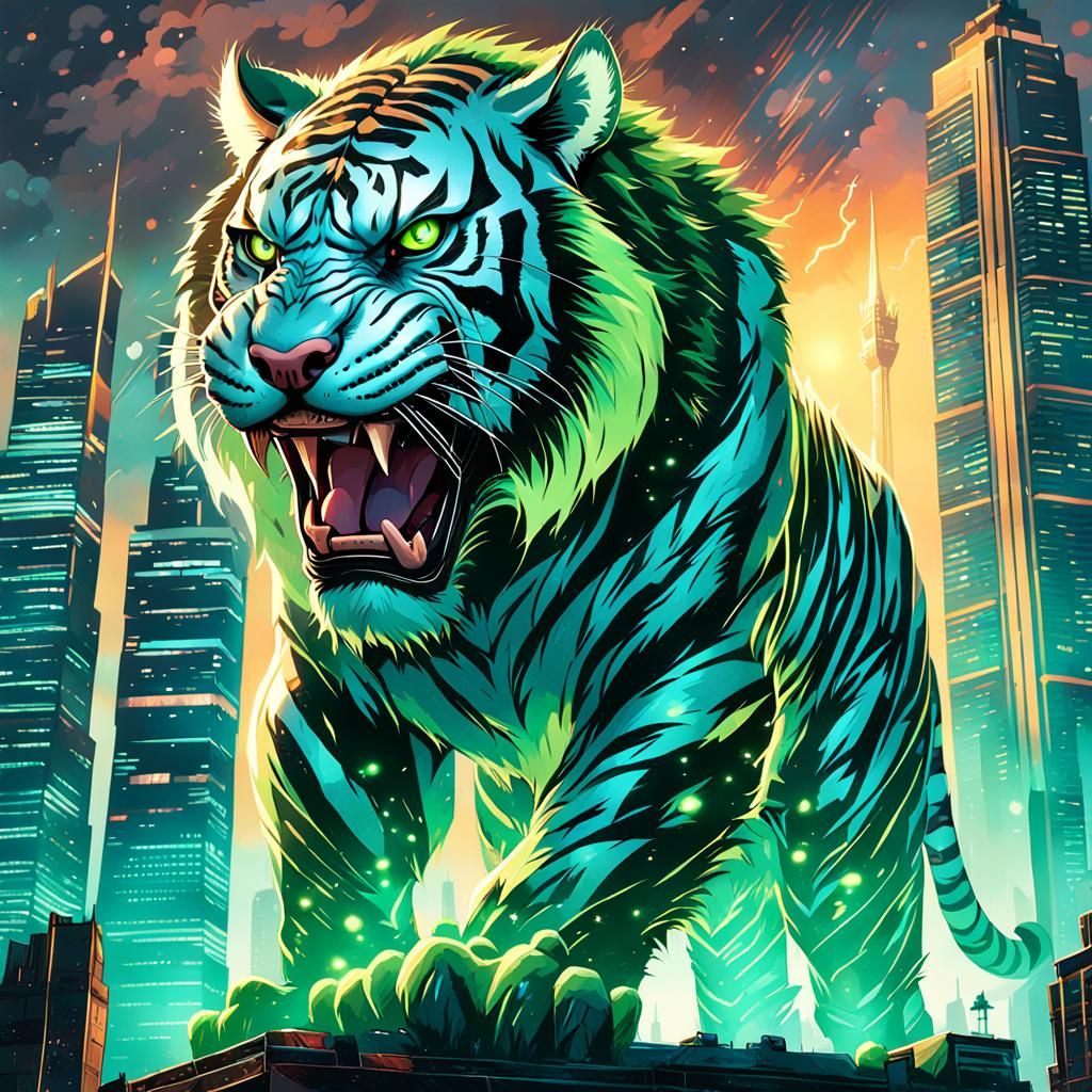 Green Tiger on Futuristic Skyscraper in Comic Style