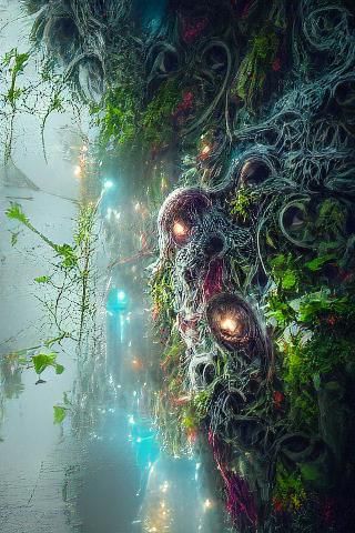 Overgrown City with Eldritch Elements in Maximalist Style