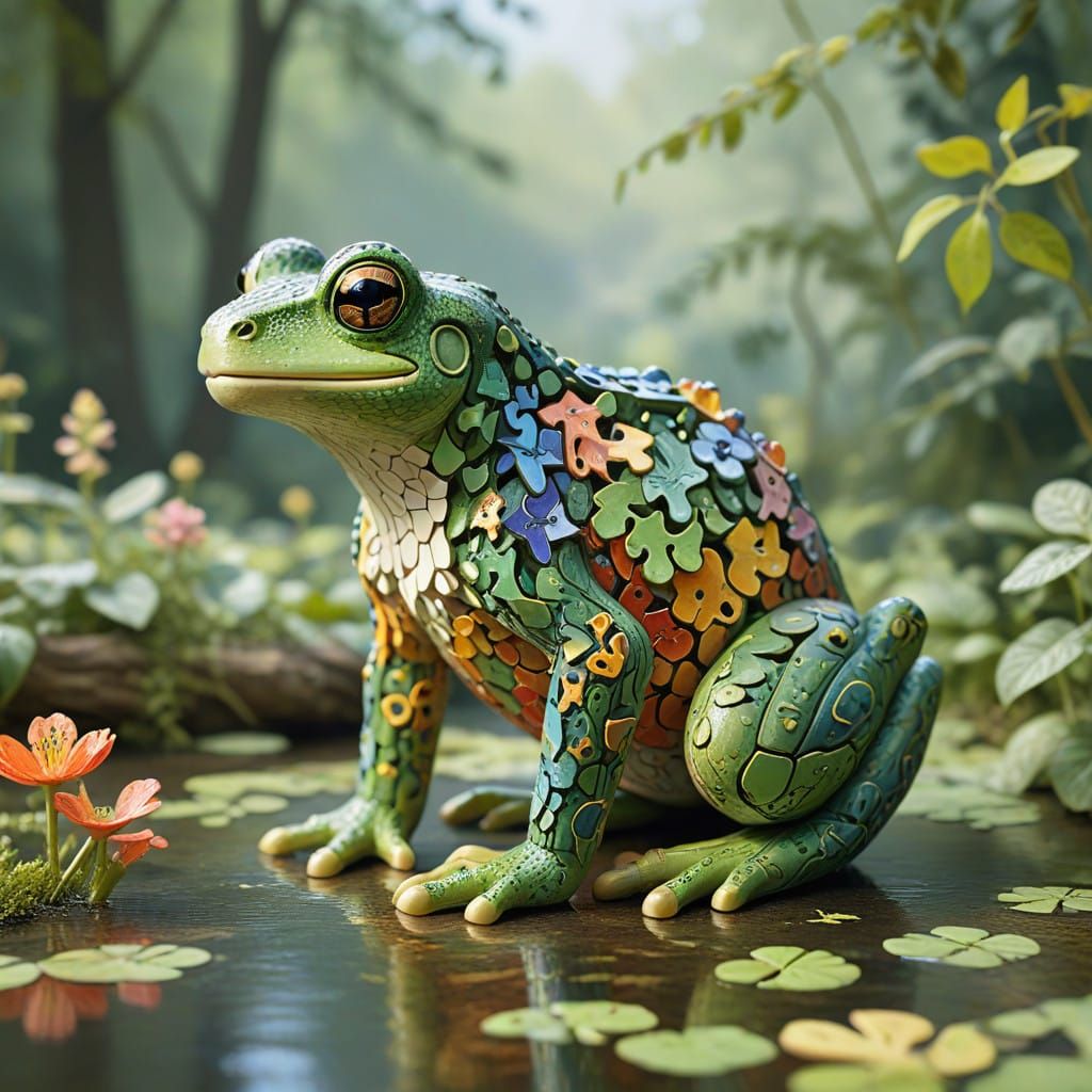 Vibrant Frog Composed of Interlocking Animal Puzzle Pieces i...
