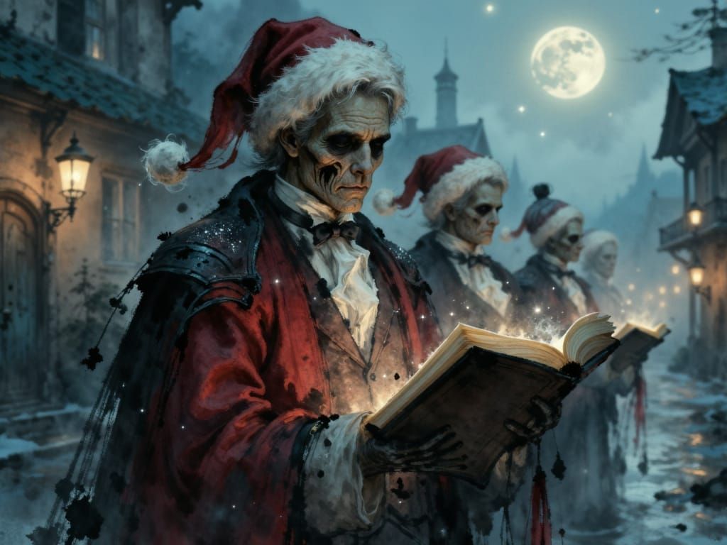 Undead Carolers Haunt Foggy Cobblestone Street