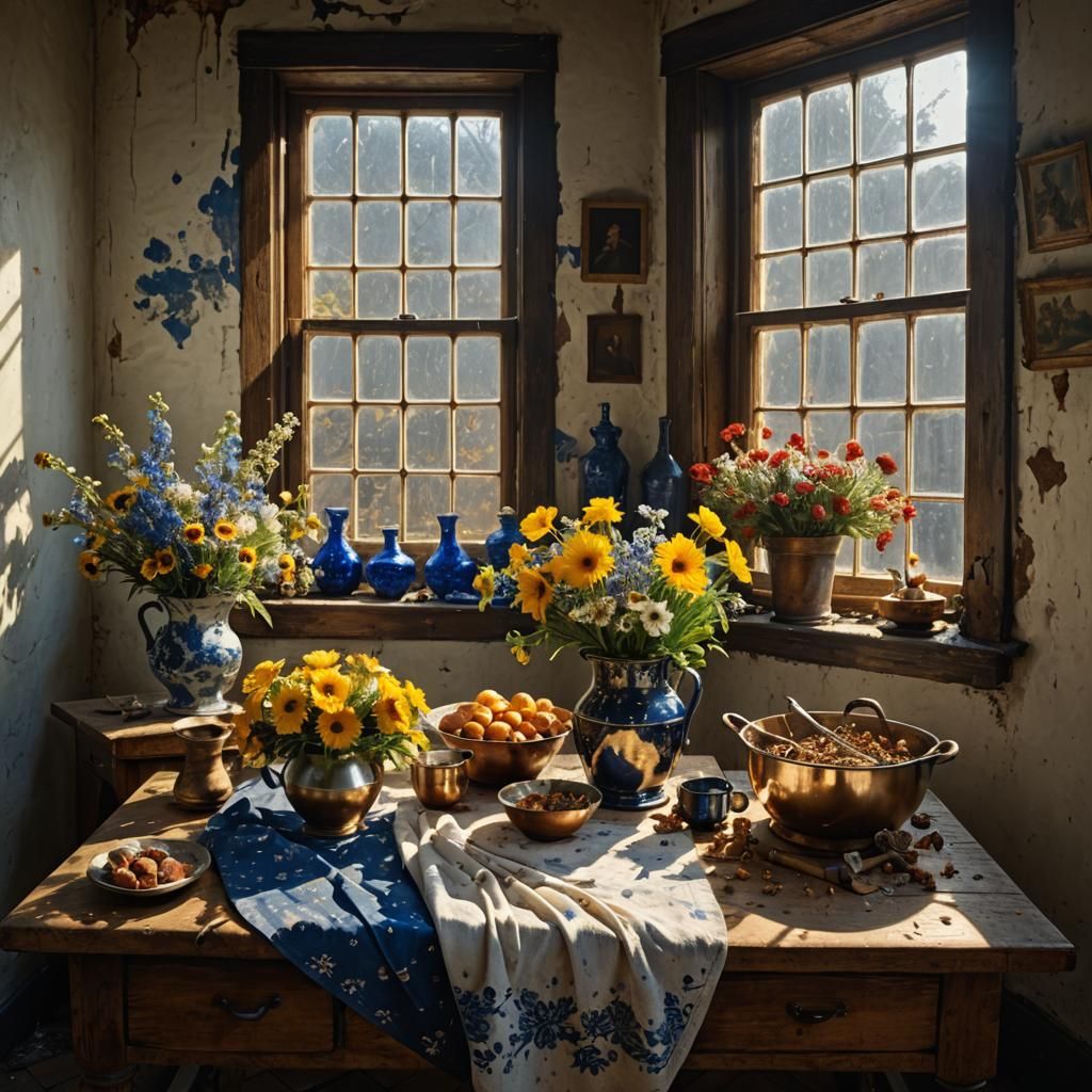 Dry Flowers on Butcher Table, Hyperrealist Painting