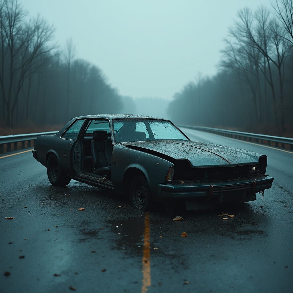 Mangled Car in Desolate Highway Landscape