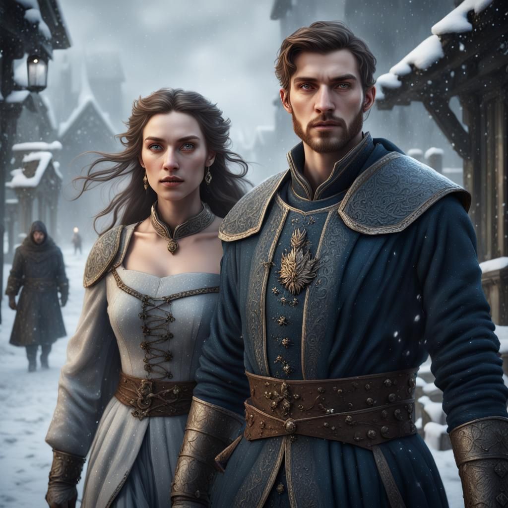 Medieval Couple Walking in a Snowstorm: Fantasy Art