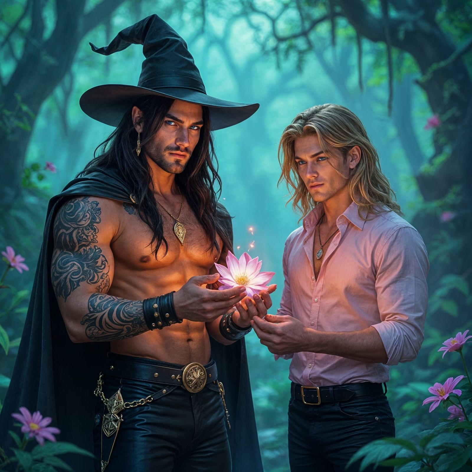 Muscular Male Witch Offers Magic Flower in Enchanted Forest