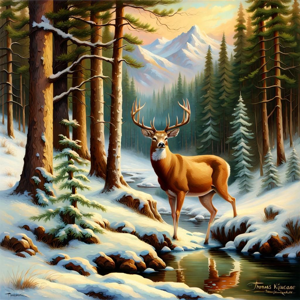 Buck in Winter Forest: Oil Painting