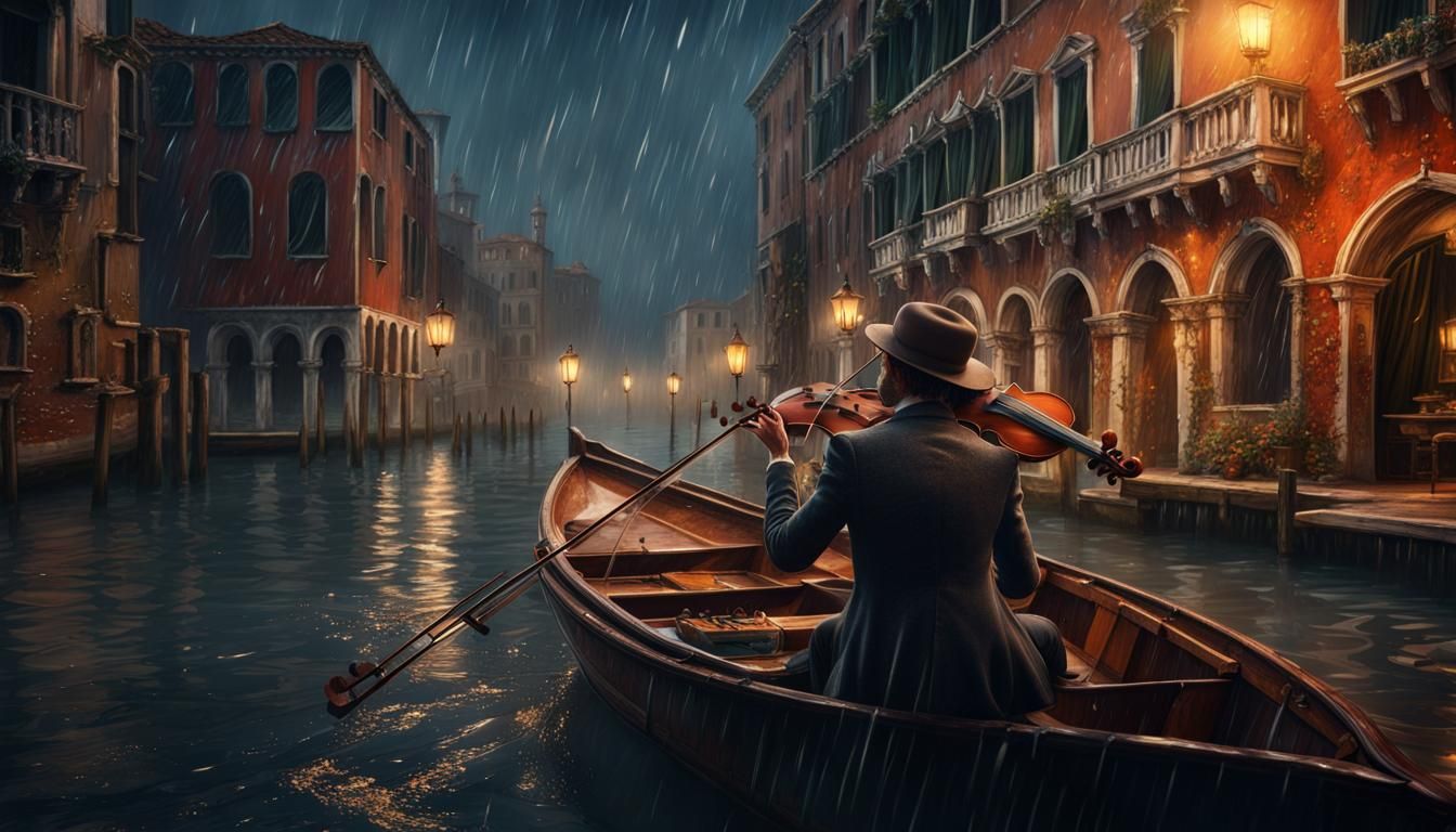 Venice Violinist Lost in Thought: Detailed Matte Painting